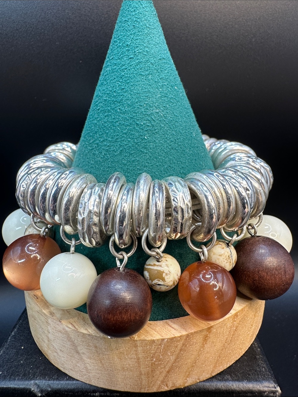 Dana Buchman Silver Tone Jasper Moon Glow Lucite & Wood Charm Stretch Bracelet